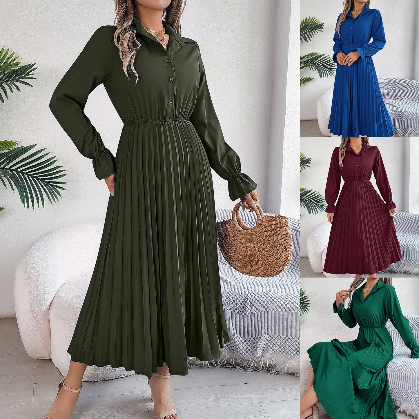 Long Sleeve Cinched Pleated Dress