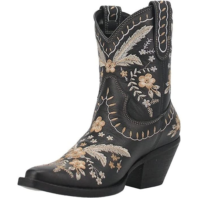 Chunky High Heel Embroidered Boots