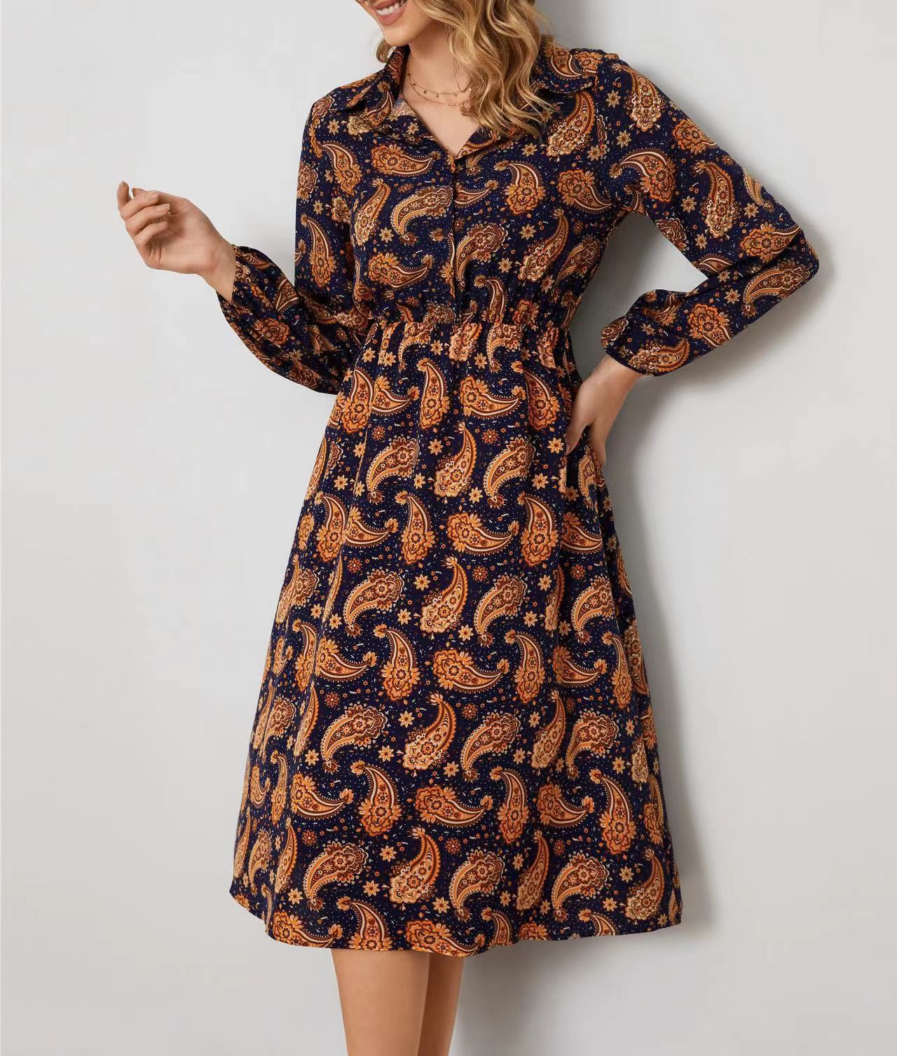 Women's Polyester Casual Long-sleeved Floral Shirt Dress