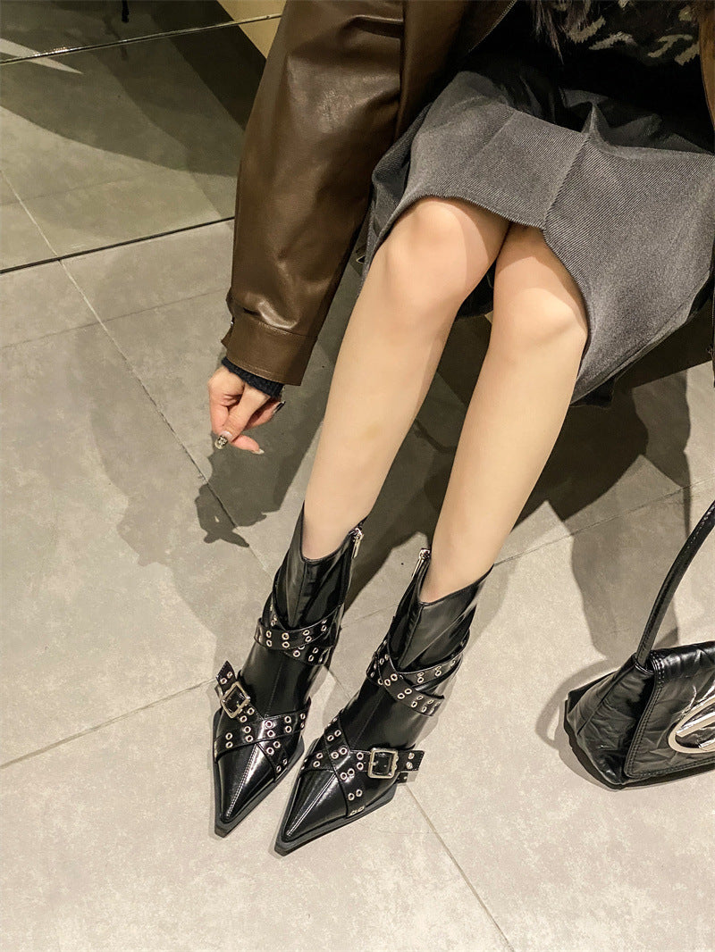 Pointed Stiletto Cross Belt Buckle Booties