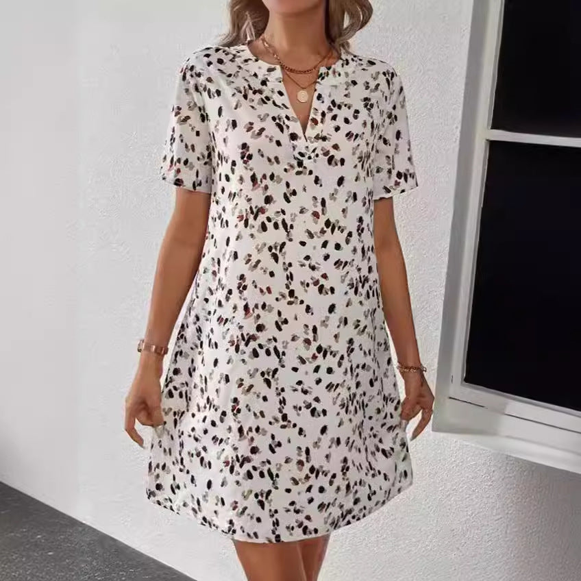 Printed Short-sleeved Mid-length Shirt Dress