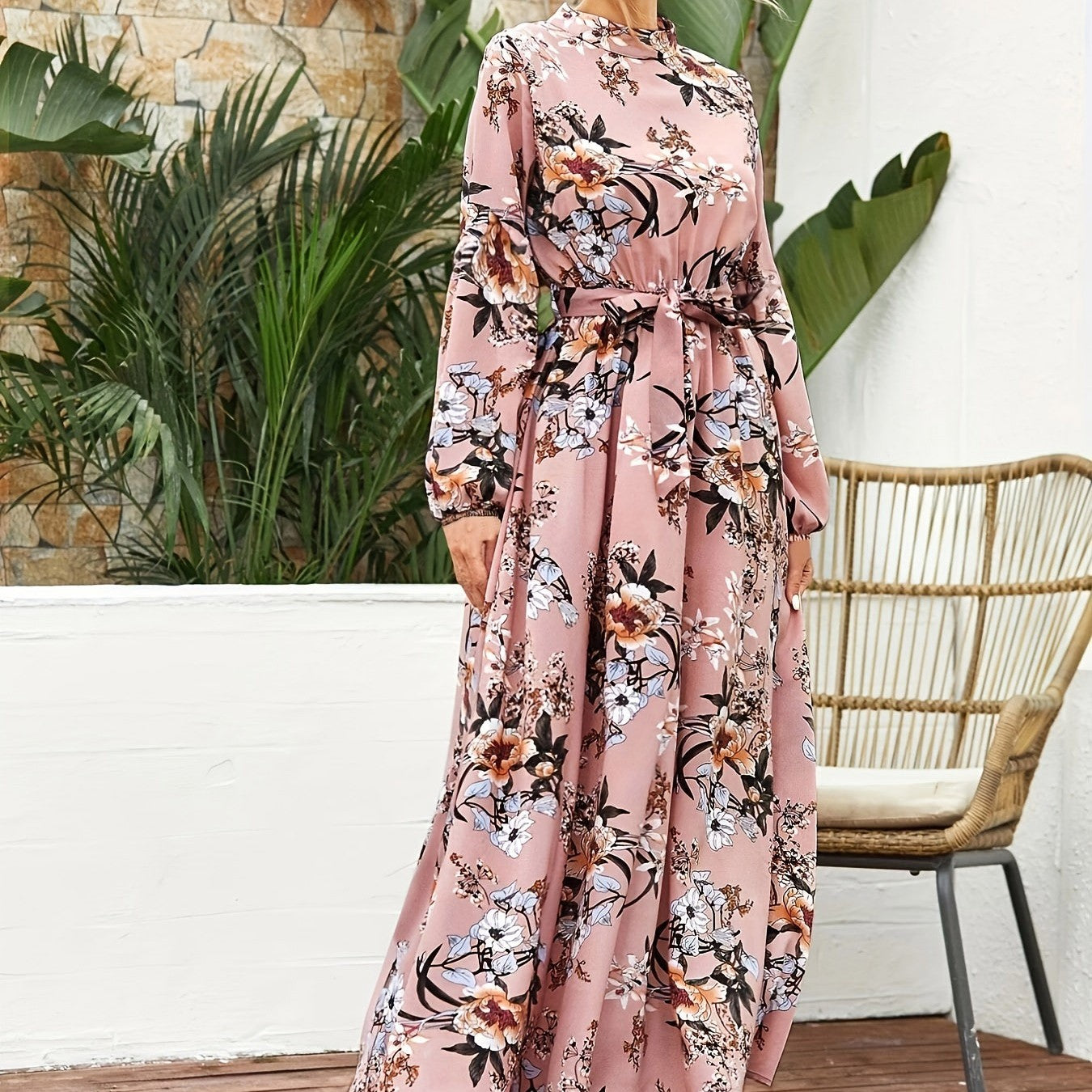 Long Sleeve Round Neck Floral Bohemian Dress