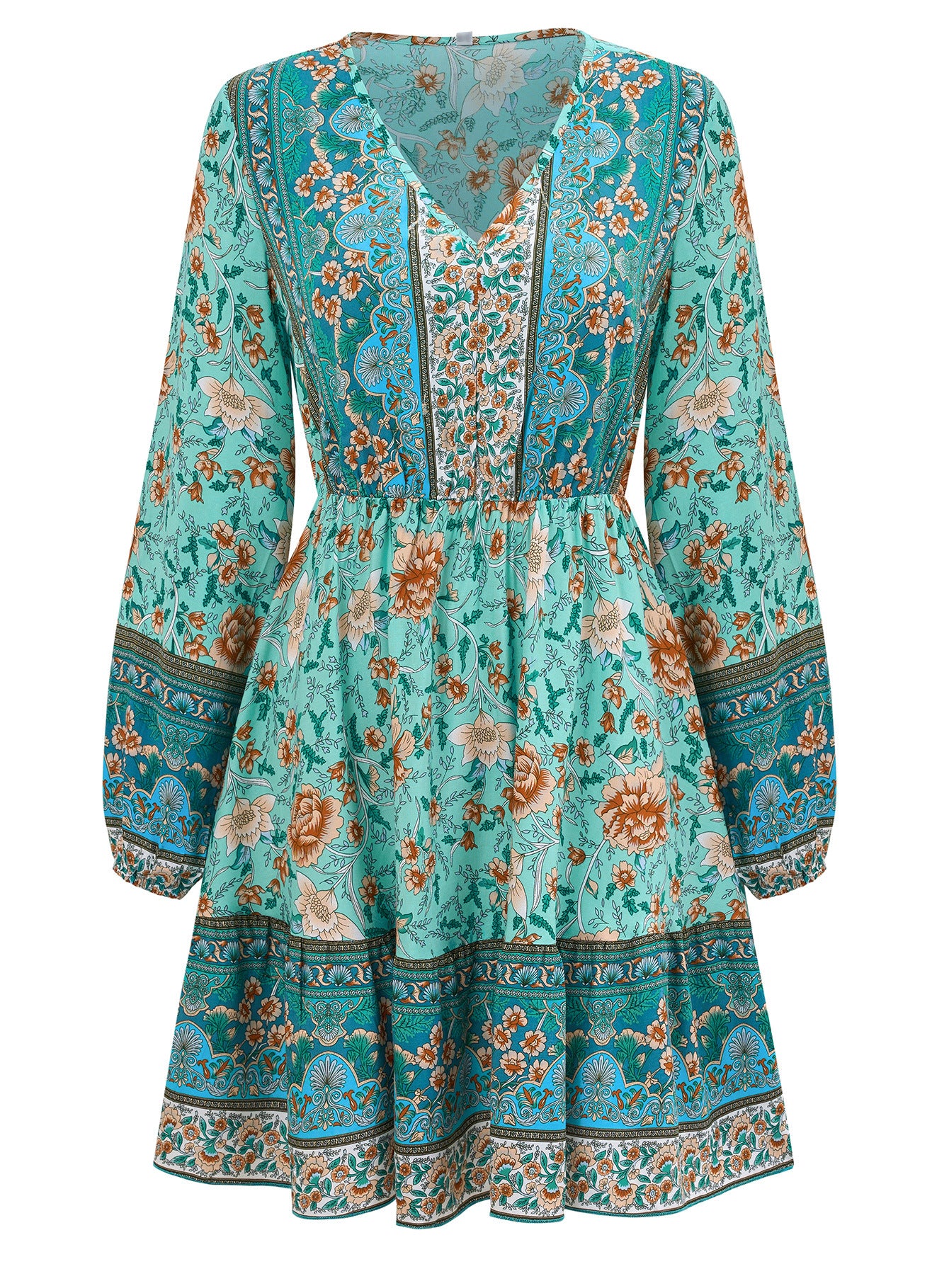 Printed V-neck Long Sleeves Dress