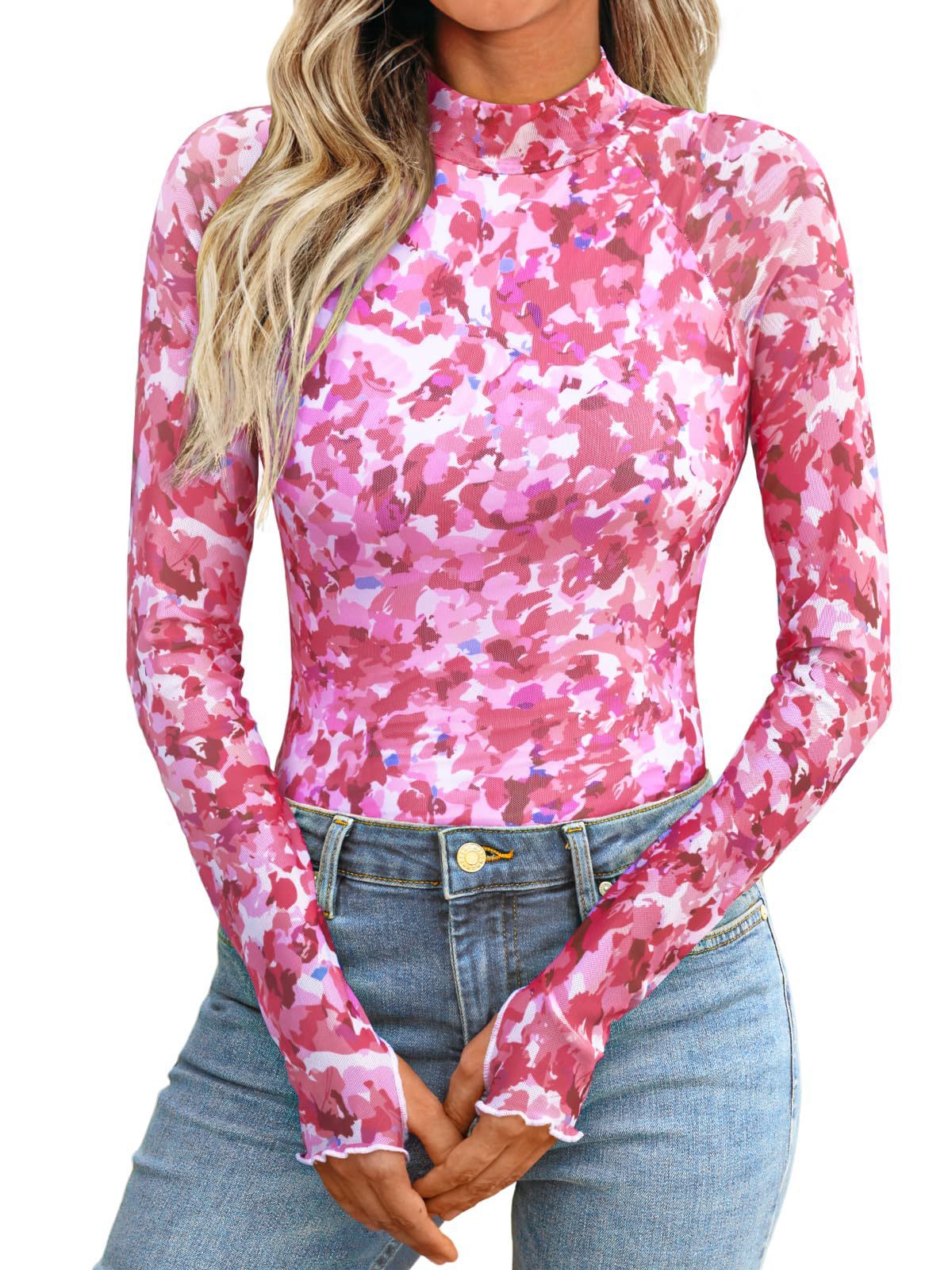 Floral Mesh Round Neck Long Sleeve Mesh With Thumb Hole Fashion Autumn Undershirt