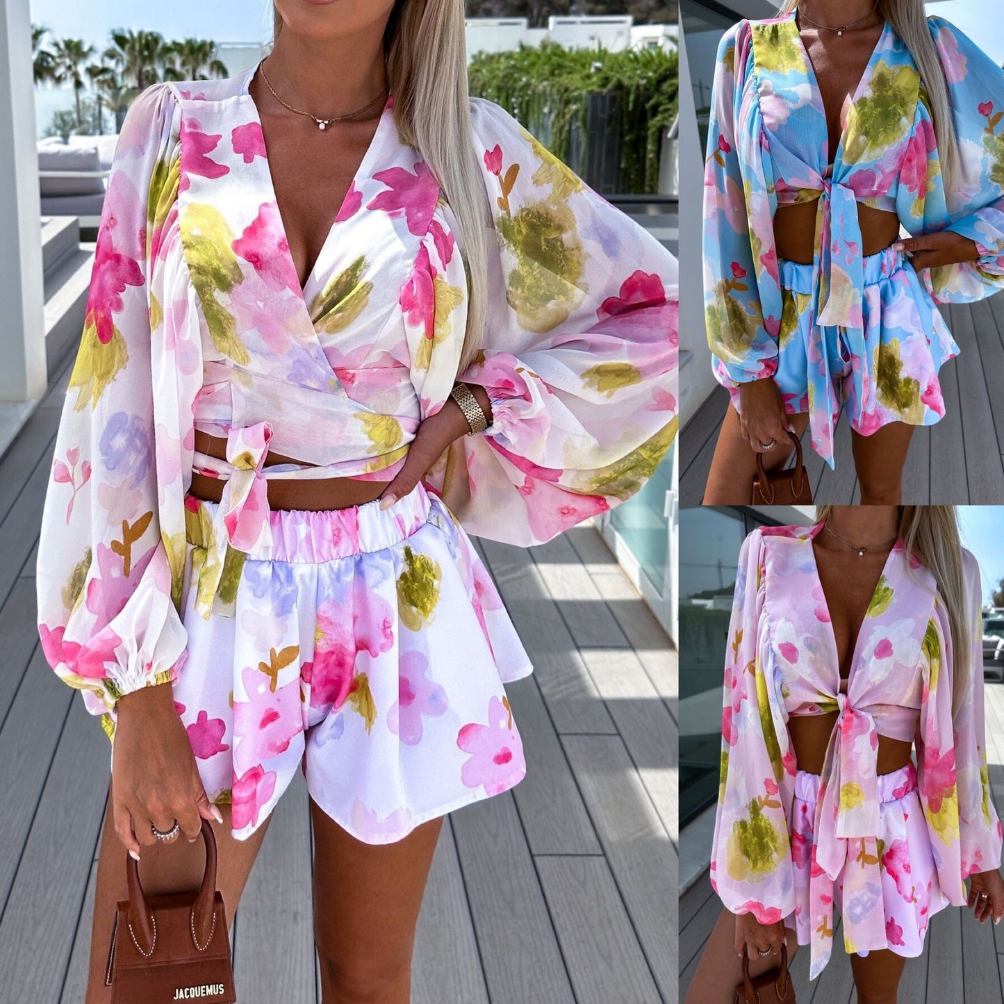 Chiffon Pleated Lantern Long Sleeve and Shorts Printing Suit