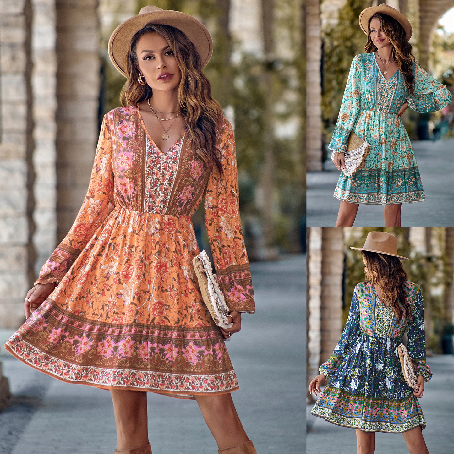 Printed V-neck Long Sleeves Dress