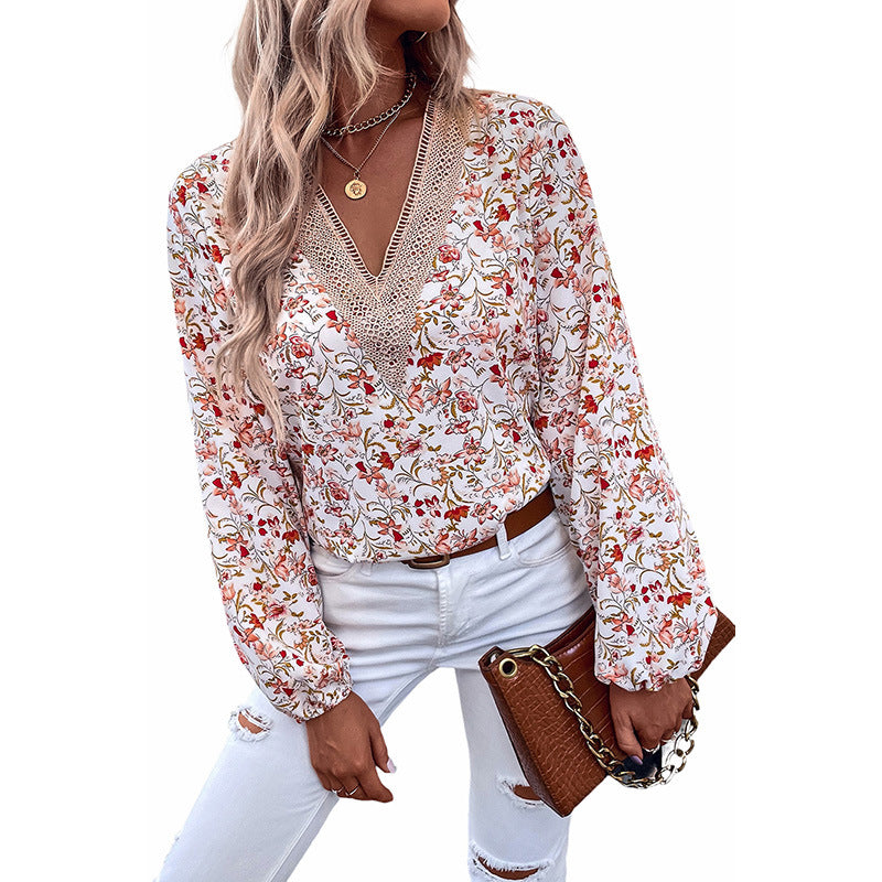 V-neck Chiffon Floral Printed Long-sleeved Top