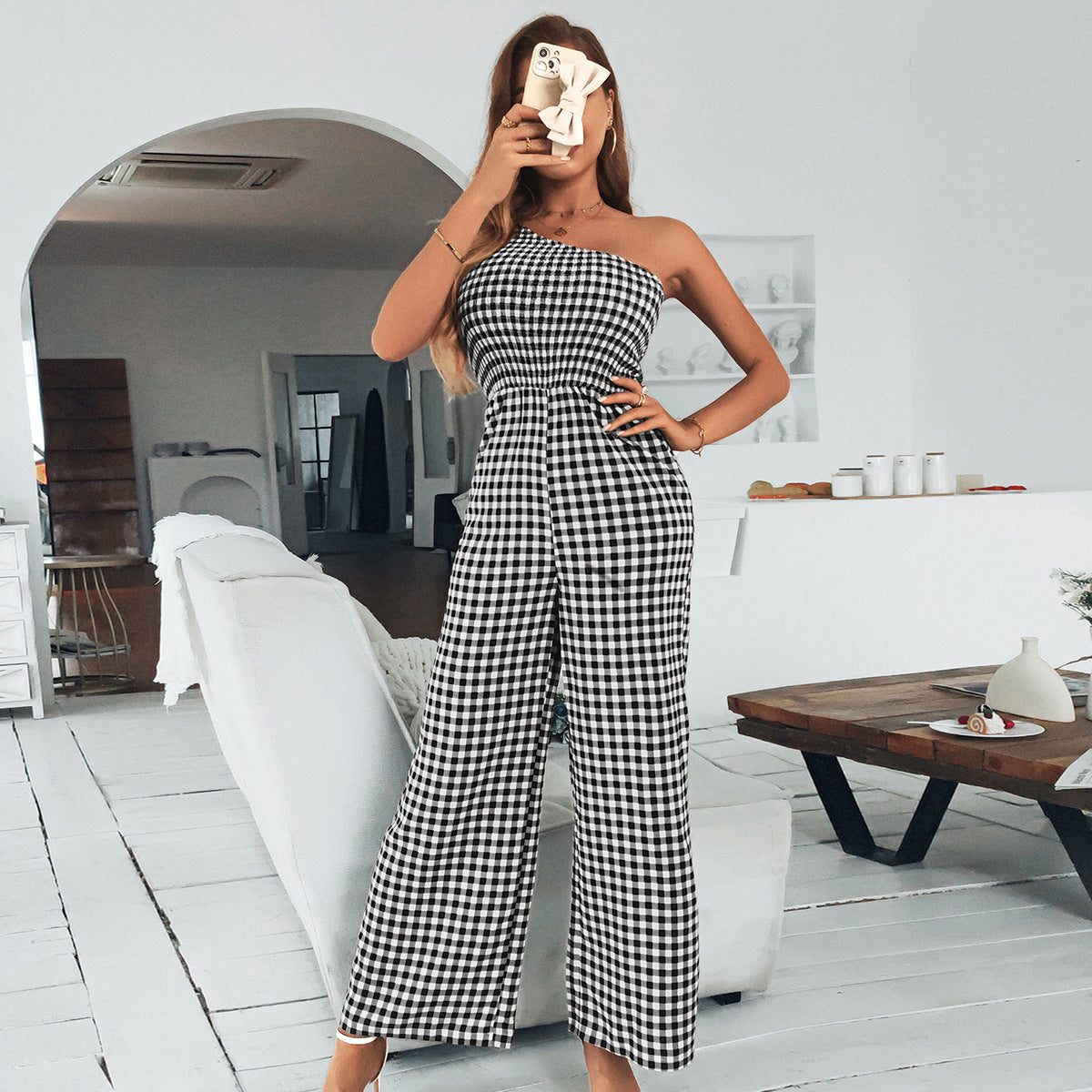 Plaid One-shoulder Top Jumpsuit