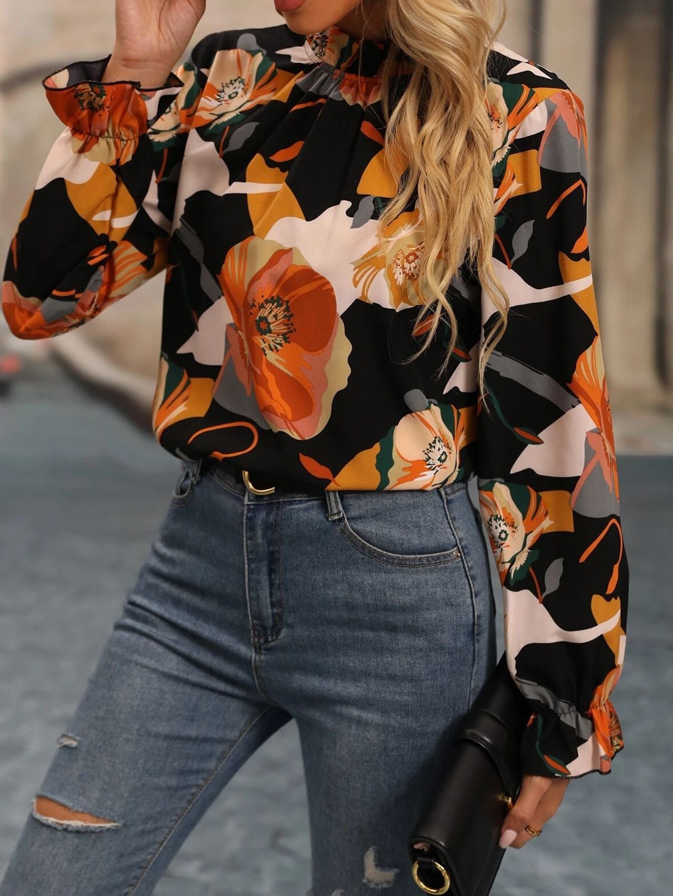 Ruffled Collar Printed Long Sleeve Shirt