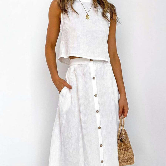 Simple Round Neck Vest Shirt Mid-length Dress Two-piece Suit