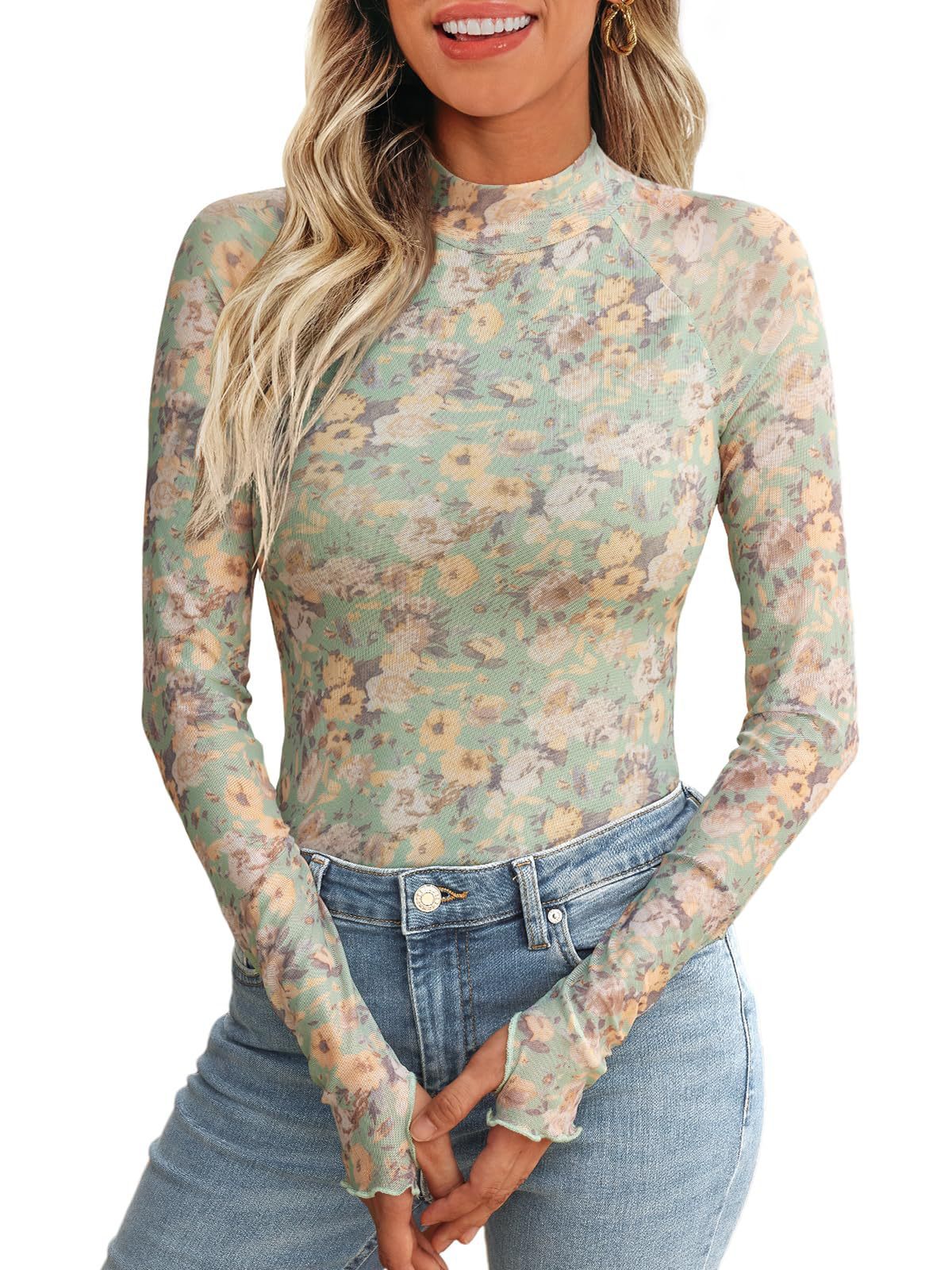 Floral Mesh Round Neck Long Sleeve Mesh With Thumb Hole Fashion Autumn Undershirt