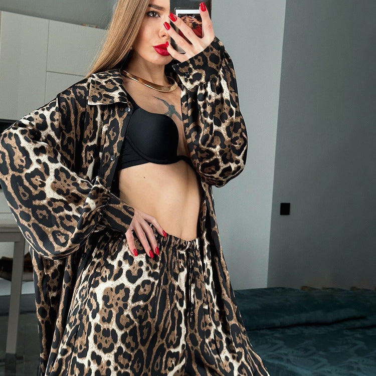 Long Sleeve Leopard Print Printed Two-piece Suit