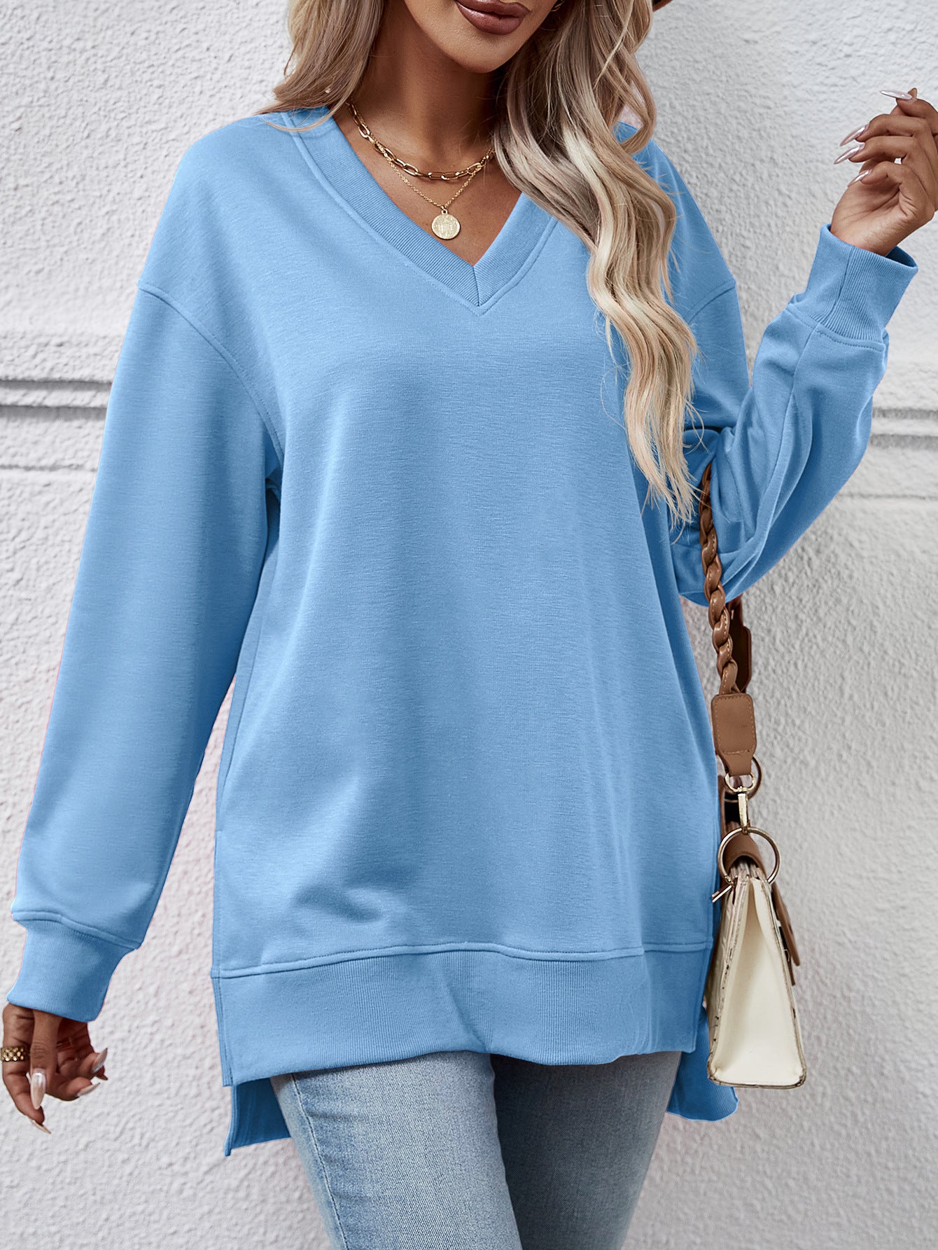 Solid Color And V-neck Sweater